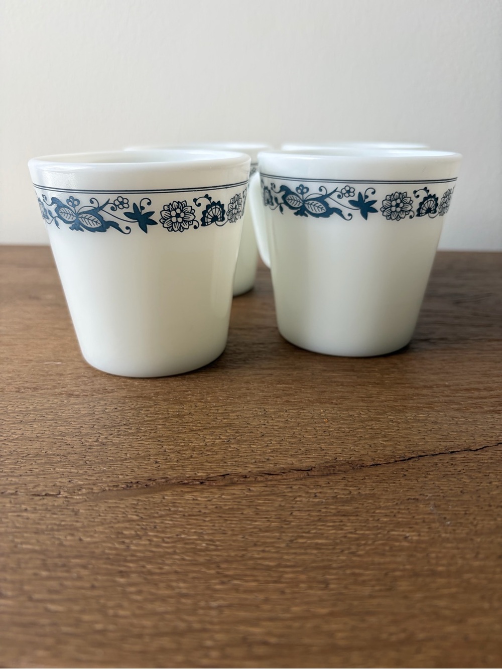 Pyrex White Milk Glass Mugs with Blue Floral Band - Set of 4 - Picture 6 of 7